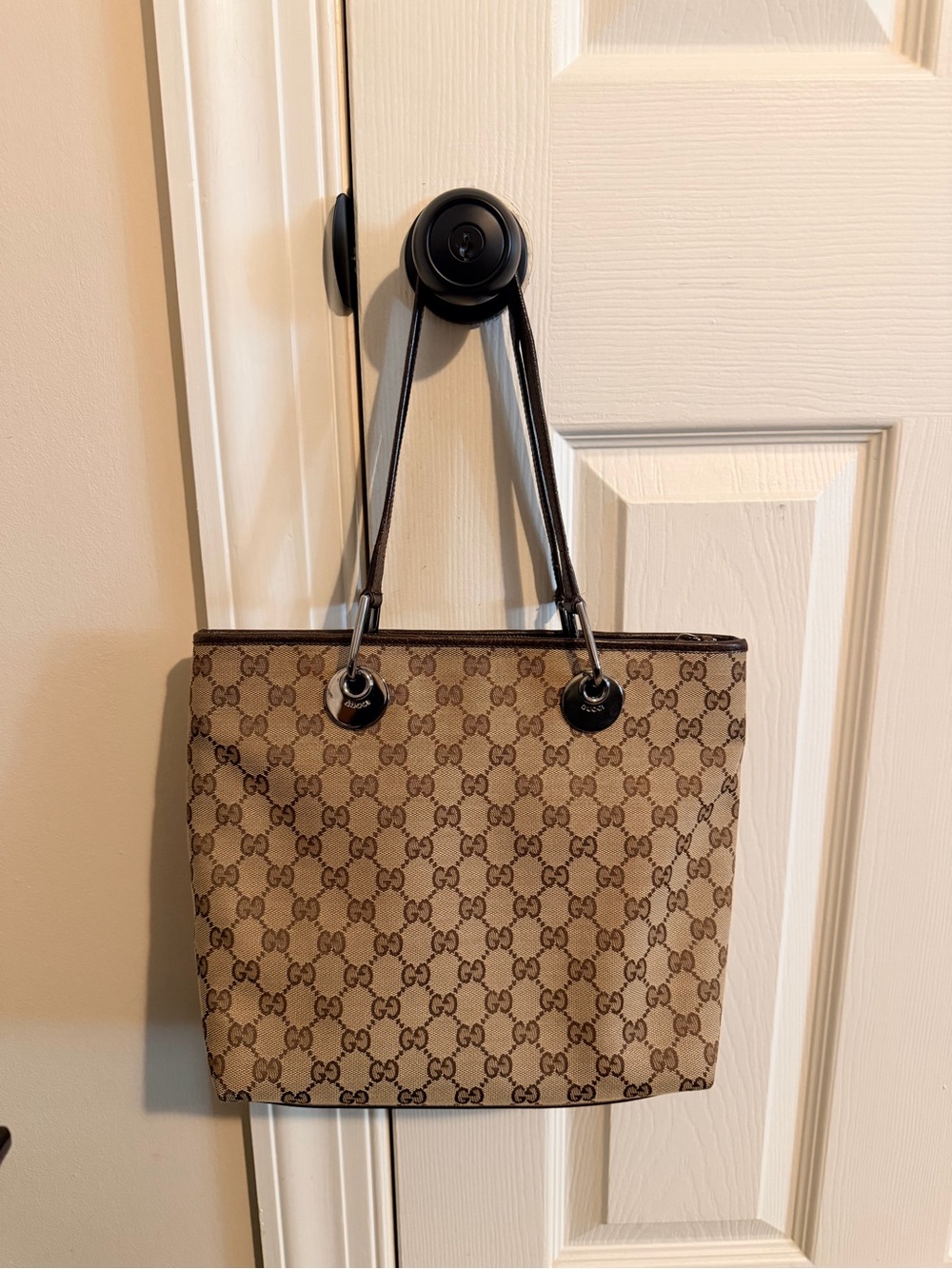 Gucci GG Canvas Tote Shoulder Bag Beige Brown Leather